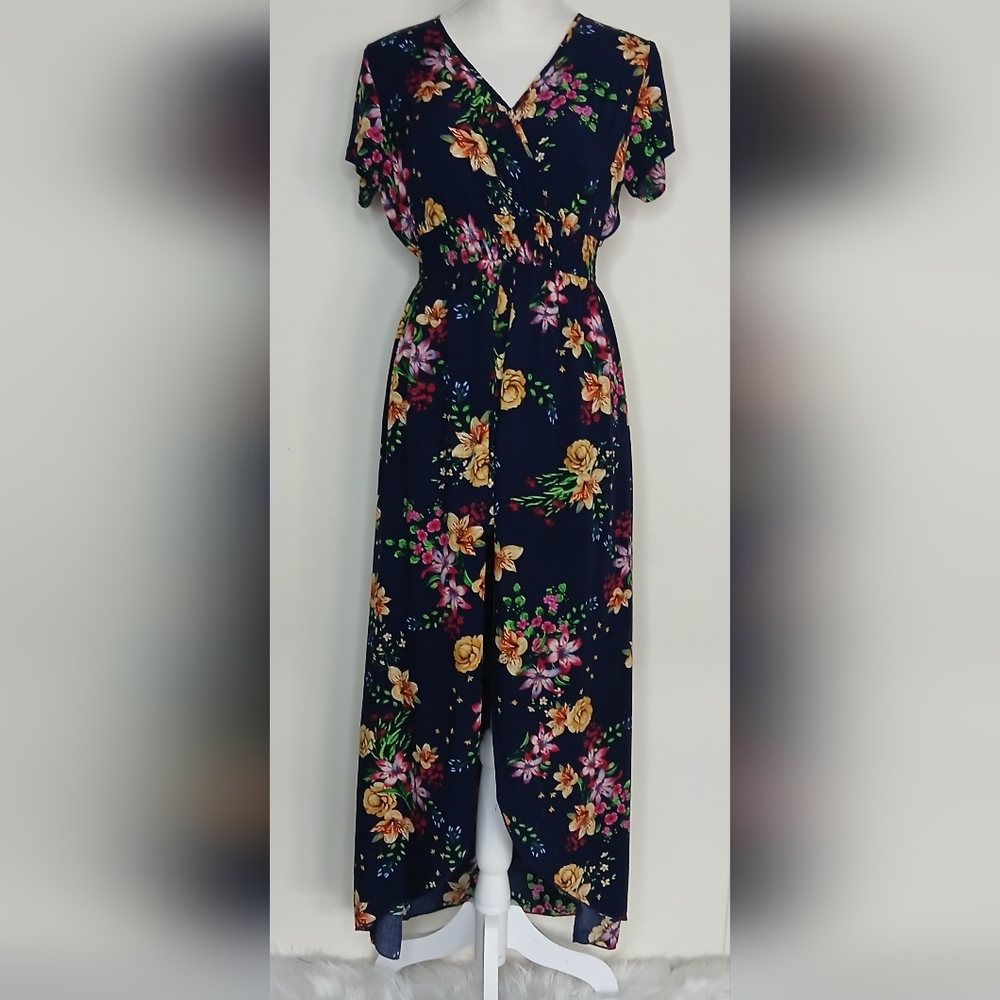 BiuBiu Navy Blue Floral Rayon Maxi Romper Split Dress